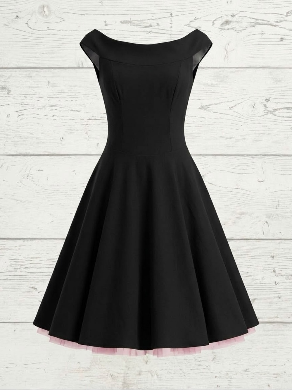 Ruby Rox Black Retro Fit Flare Pinup Dress Pink Crinoline Trim Vintage USA 7